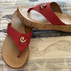 CROCS Red and Tan Sandals with Thong Design